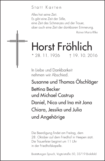Traueranzeige von Horst Fröhlich