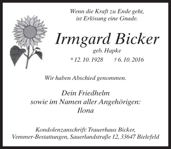 Traueranzeige von Irmgard Bicker von Neue Westfälische