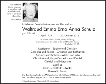 Traueranzeige von Waltraud Emma Erna Anna Schulz von Neue Westfälische