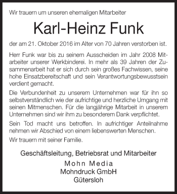 Traueranzeige von Karl-Heinz Funk von Neue Westfälische