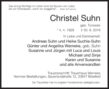 Traueranzeige von Christel Suhn von Neue Westfälische