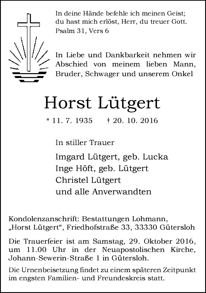  Traueranzeige für Horst Lütgert vom 26.10.2016 aus Neue Westfälische
