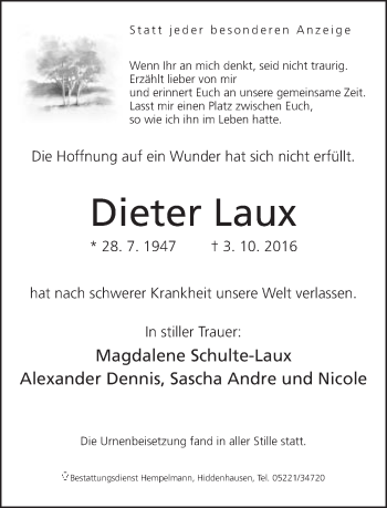 Traueranzeige von Dieter Laux von Neue Westfälische