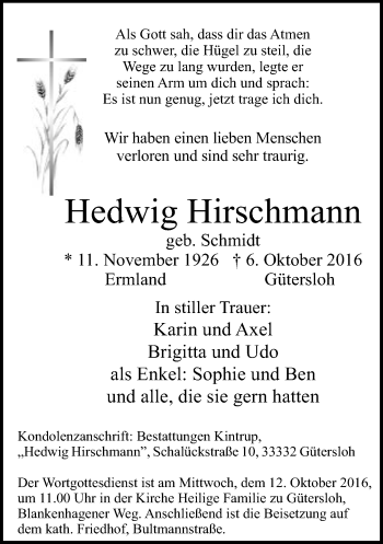 Traueranzeige von Hedwig Hirschmann von Neue Westfälische