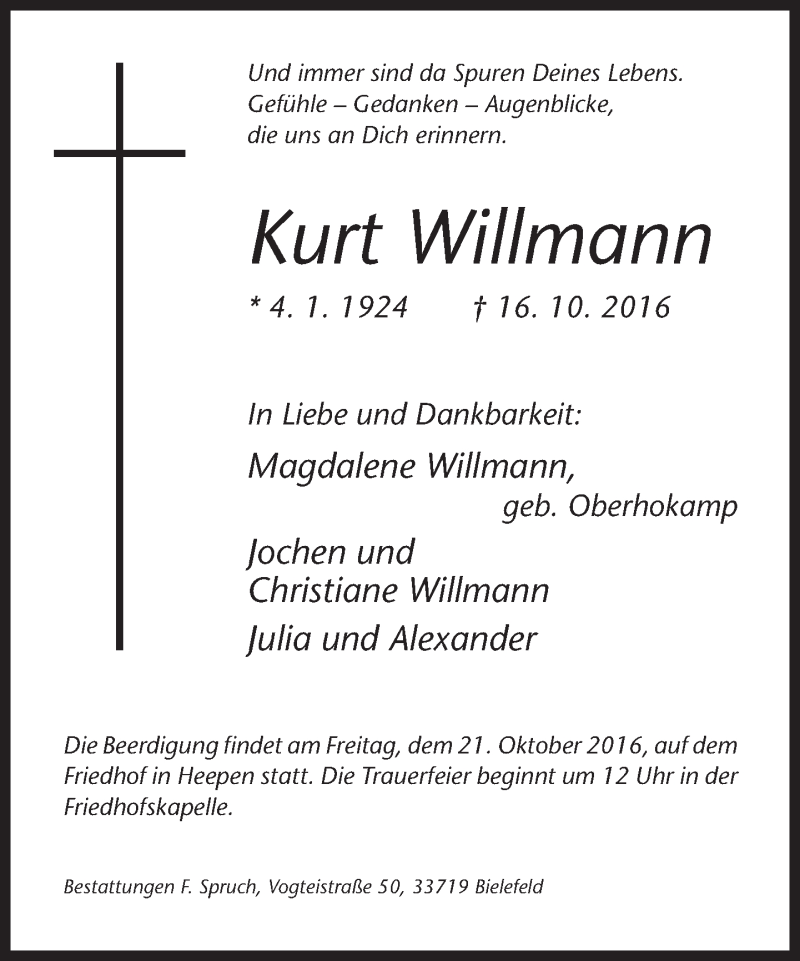  Traueranzeige für Kurt Willmann vom 18.10.2016 aus Neue Westfälische