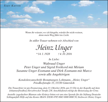 Traueranzeige von Heinz Unger von Neue Westfälische