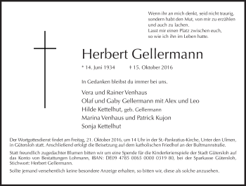 Traueranzeige von Herbert Gellermann von Neue Westfälische