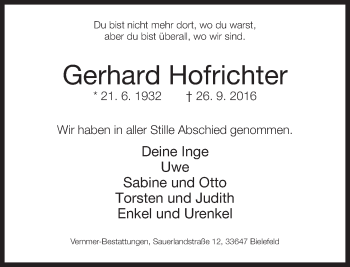 Traueranzeige von Gerhard Hofrichter von Neue Westfälische