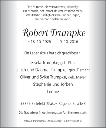 Traueranzeige von Robert Trumpke von Neue Westfälische