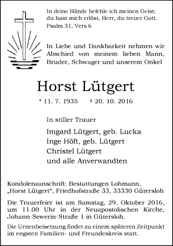 Traueranzeige von Horst Lütgert von Neue Westfälische