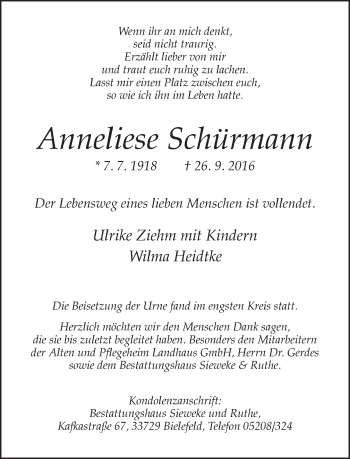 Traueranzeige von Anneliese Schürmann