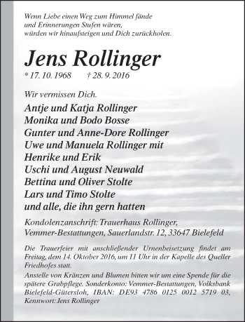 Traueranzeige von Jens Rollinger von Neue Westfälische