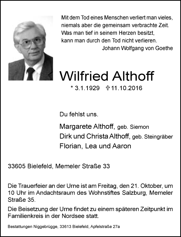  Traueranzeige für Wilfried Althoff vom 18.10.2016 aus Neue Westfälische