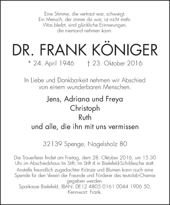 Traueranzeige von Frank Königer von Neue Westfälische