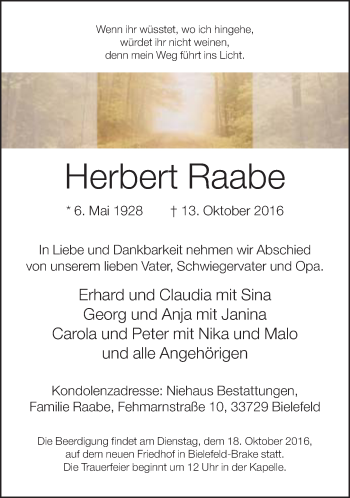 Traueranzeige von Herbert Raabe von Neue Westfälische