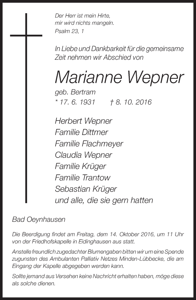 Traueranzeige für Marianne Wepner vom 11.10.2016 aus Neue Westfälische