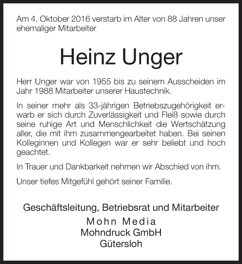  Traueranzeige für Heinz Unger vom 10.10.2016 aus Neue Westfälische