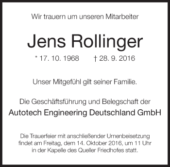 Traueranzeige von Jens Rollinger von Neue Westfälische