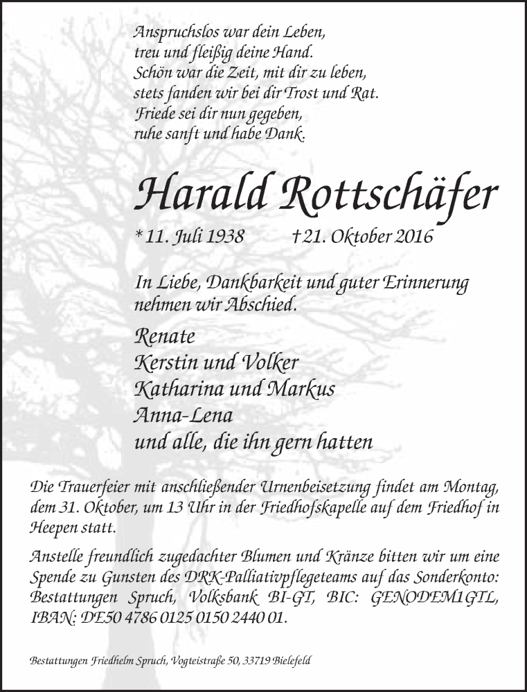  Traueranzeige für Harald Rottschäfer vom 26.10.2016 aus Neue Westfälische