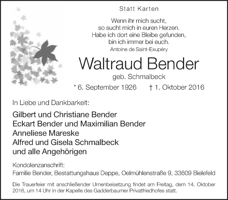  Traueranzeige für Waltraud Bender vom 08.10.2016 aus Neue Westfälische