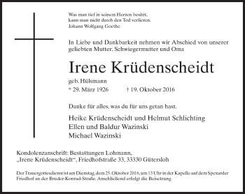 Traueranzeige von Irene Krüdenscheidt von Neue Westfälische