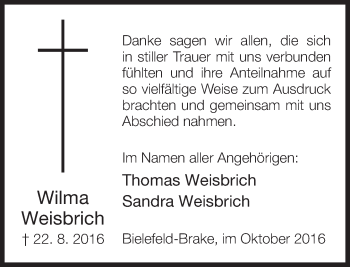 Traueranzeige von Wilma Weisbrich von Neue Westfälische