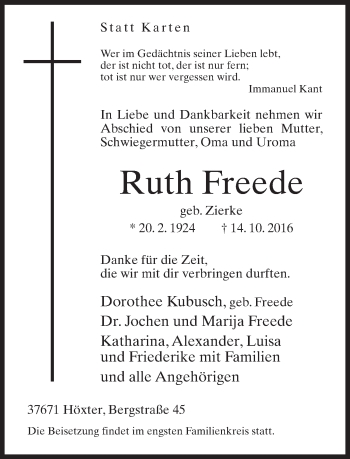 Traueranzeige von Ruth Freede von Neue Westfälische