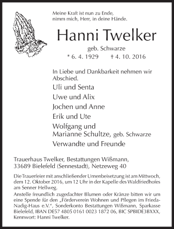 Traueranzeige von Hanni Twelker von Neue Westfälische