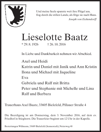 Traueranzeige von Lieselotte Baatz von Neue Westfälische