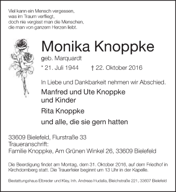 Traueranzeige von Monika Knoppke von Neue Westfälische