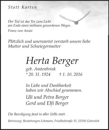 Traueranzeige von Herta Berger von Neue Westfälische