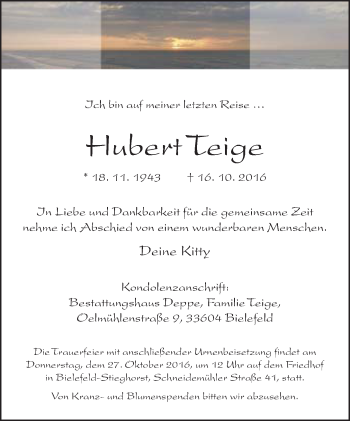 Traueranzeige von Hubert Teige von Neue Westfälische
