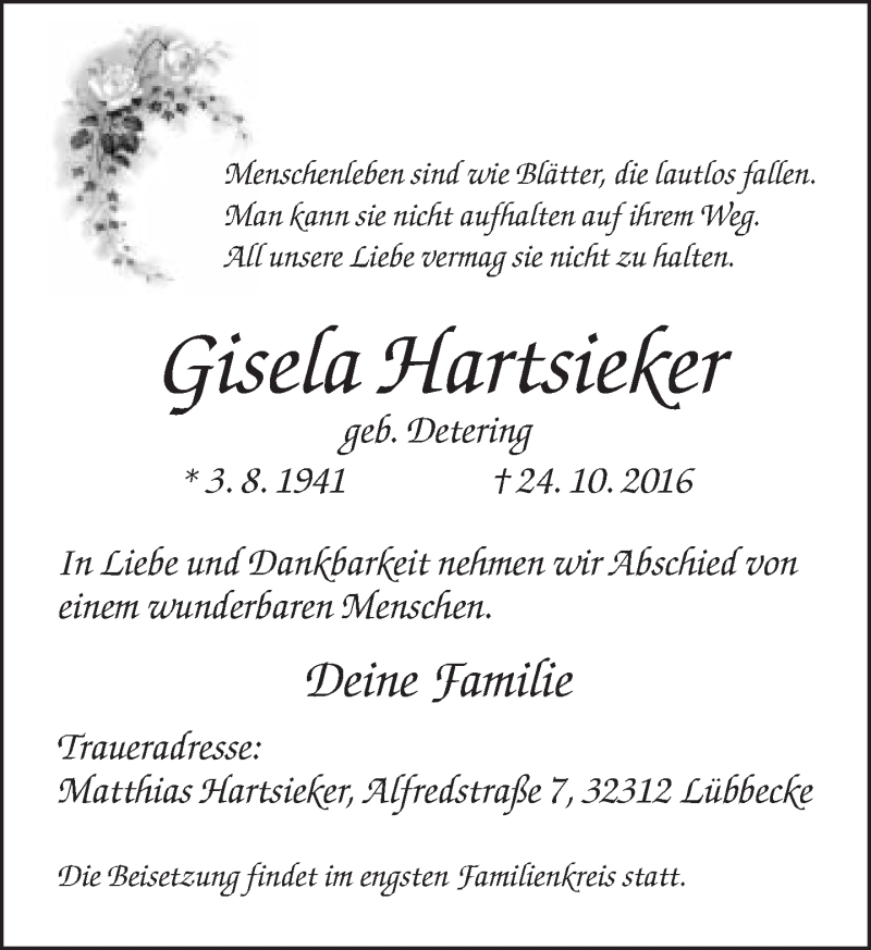 Traueranzeige für Gisela Hartsieker vom 27.10.2016 aus Neue Westfälische