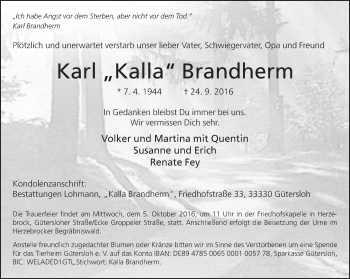Traueranzeige von Karl Brandherm von Neue Westfälische