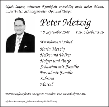 Traueranzeige von Peter Metzig von Neue Westfälische