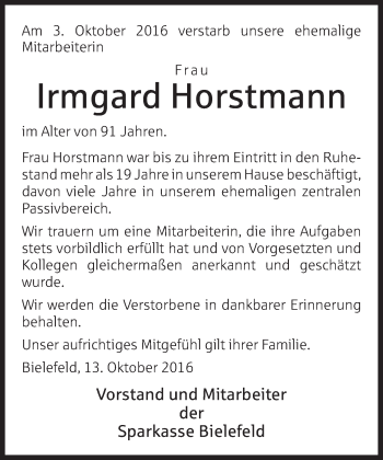 Traueranzeige von Irmgard Horstmann von Neue Westfälische