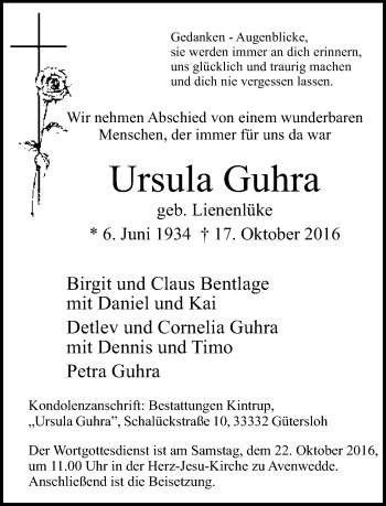 Traueranzeige von Ursula Guhra von Neue Westfälische