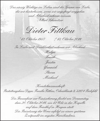 Traueranzeige von Dieter Fittkau von Neue Westfälische