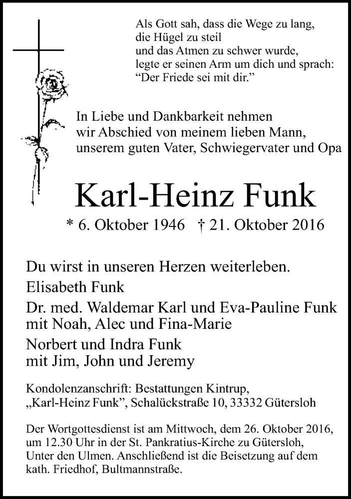  Traueranzeige für Karl-Heinz Funk vom 22.10.2016 aus Neue Westfälische