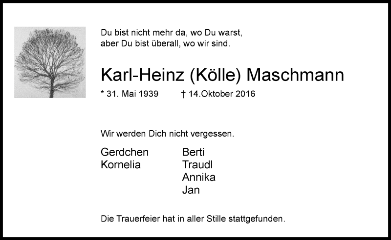  Traueranzeige für Karl-Heinz  Maschmann vom 22.10.2016 aus Neue Westfälische