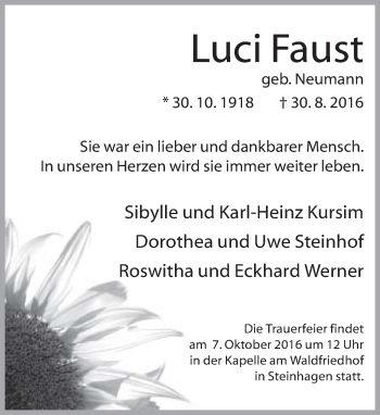 Traueranzeige von Luci Faust von Neue Westfälische