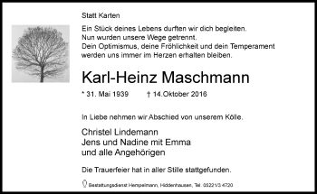 Traueranzeige von Karl-Heinz  Maschmann von Neue Westfälische