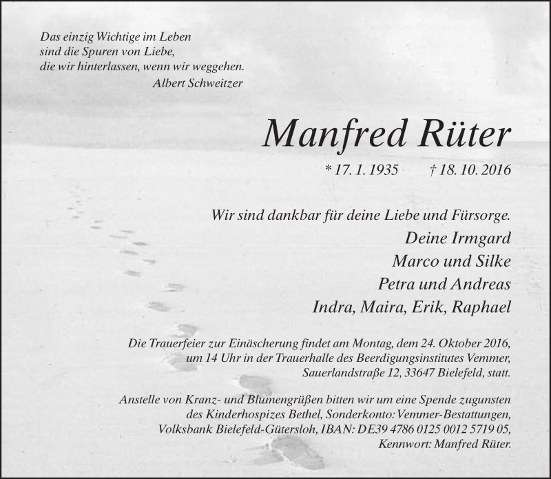  Traueranzeige für Manfred Rüter vom 20.10.2016 aus Neue Westfälische