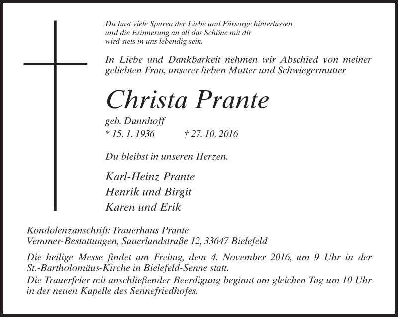  Traueranzeige für Christa Prante vom 29.10.2016 aus Neue Westfälische