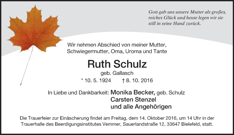  Traueranzeige für Ruth Schulz vom 11.10.2016 aus Neue Westfälische