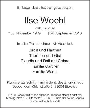 Traueranzeige von Ilse Woehl von Neue Westfälische
