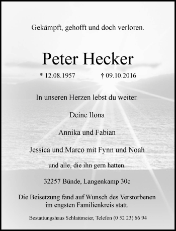 Traueranzeige von Peter Hecker von Neue Westfälische