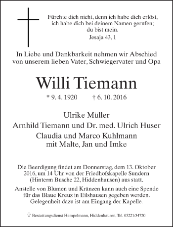 Traueranzeige von Willi Tiemann von Neue Westfälische
