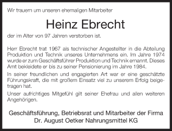 Traueranzeige von Heinz Ebrecht von Neue Westfälische