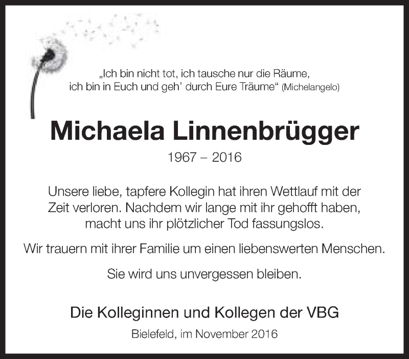  Traueranzeige für Michaela Linnenbrügger vom 04.11.2016 aus Neue Westfälische